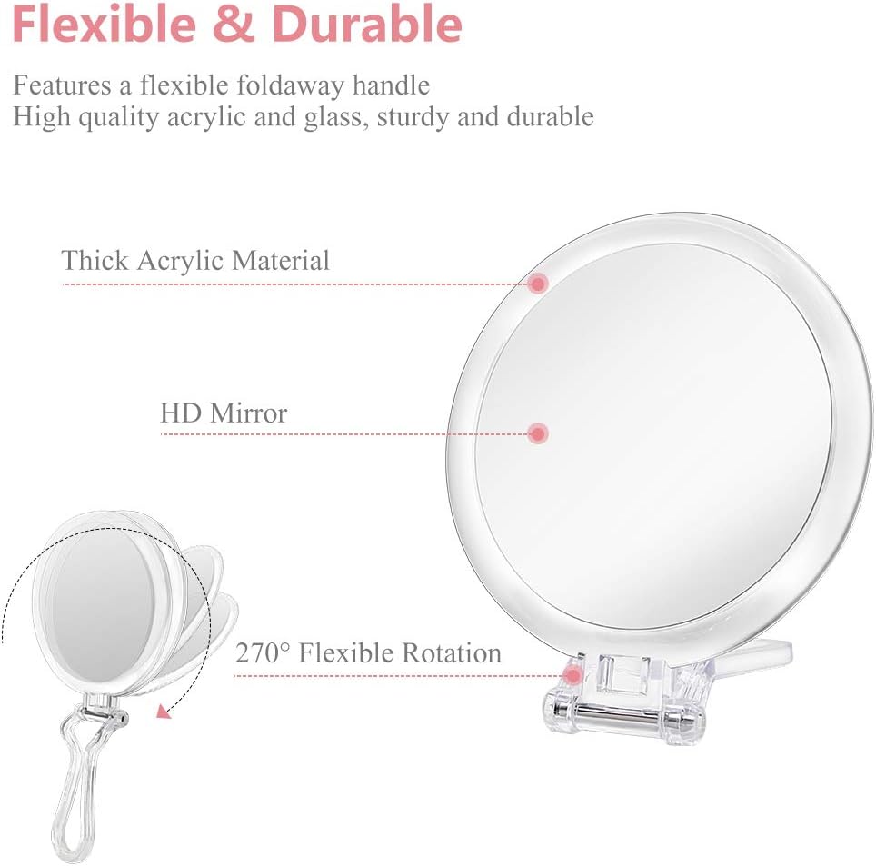 Cheftick Double Sided Hand Held Mirror - 1X & 7X Magnifying Travel Makeup Mirror with Adjustable Folding Handle, Portable, Transparent & Round (6"): Furniture & Decor