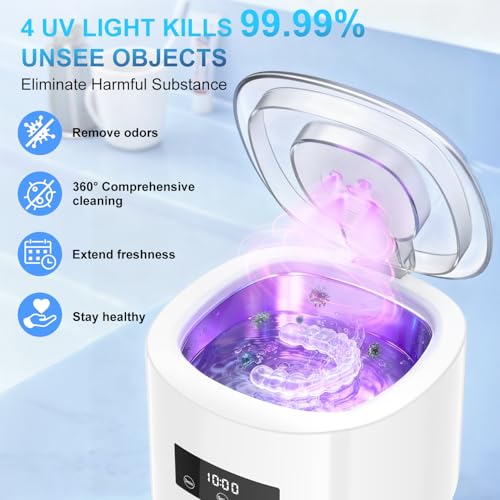 Ultrasonic Cleaner 50 kHz, Rechargeable Ultrasonic Cleaner 2000 mAh with 4 UV Lamps, 230 ml Container for Dentures, Toothbrushes, Aligners, Retainers, Dentures, Jewellery – White