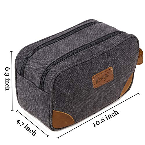 Kemy's Mens Toiletry Bag Leather Canvas Toiletries Travel Bag Grooming Shaving Bags for Men Dopp Dob Dobb Kits Toilet Hygiene Bathroom Bag Double Compartment for Traveling Waterproof Easter Gift Black