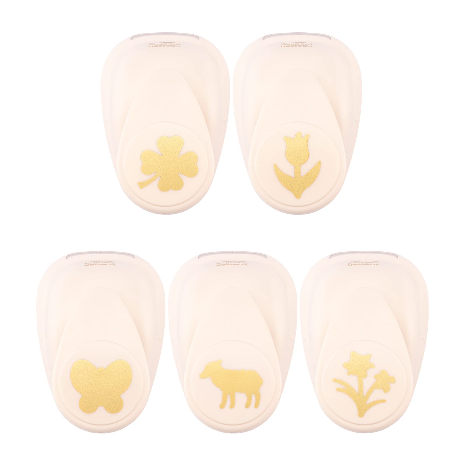 Vaessen Creative Craft Paper Punch - Spring - 5 Pcs - Various Sizes - Circle Cutter for Crafting and Card Making - Lamb, Daffodils, Butterfly, Tulip, Four-Leaf Clover, Ivory — image 1