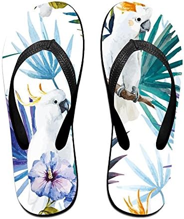 Woman Unisex Men's Watercolor White Parrot Birds On Palm Tree Branches Leaves Exotic Nature Artwork Slim Sandal For Beach Antimicrobial Shower &amp; Water S