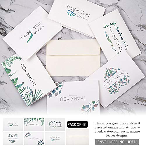 eZAKKA Thank You Cards, 48 Assorted Bulk Box Blank Watercolor Craft Green Leaves Thank You Card Greeting Note Cards for Wedding, Graduation, Baby Shower, Bridal Party, Business, Anniversary, Birthday