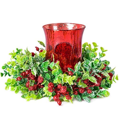 DearHouse Christmas Red Glass Candle Holders with Berry Candle Ring,Red