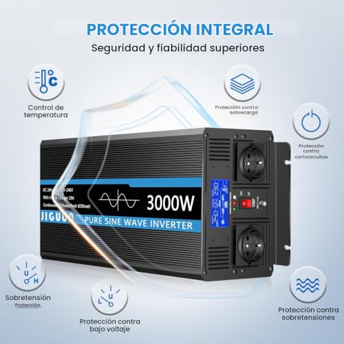 JIGUUN 3000W/6000W Inverter 24V 220V Pure Wave Inverter | Charger 20A and Priority Circuit Network and UPS,2 EU outlets, Wireless Remote Control and LCD Display