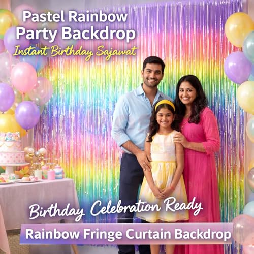 Propsicle Pastel Rainbow Metallic Foil Fringe Curtains 3x6 Ft Each, Pack of 2 - Shimmer Party Backdrop for Birthday, Baby Shower, Princess Unicorn Theme, Anniversary, Photo Booth, Wall Decoration