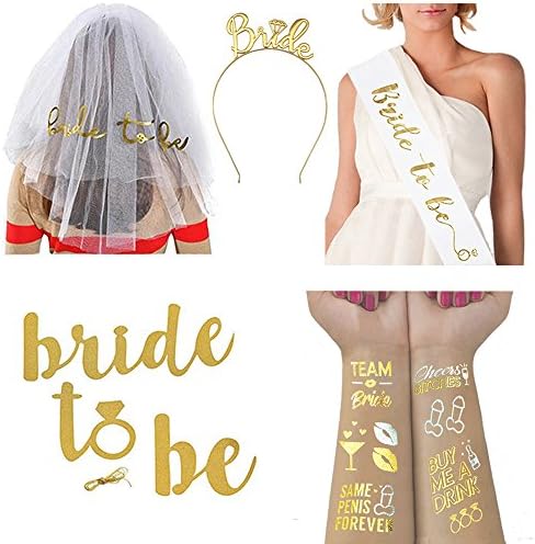 Bachelorette Party Bride To Be Decorations Kit,Golden Metal headband Tiara,Bride to Be Sash,Bride Veil,Gold Banner,Bachelorette Flash Tattoos.Bridal Shower Decorations Supplies &amp; Favors Set