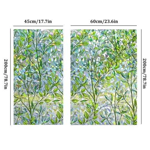 Privacy Window Film, Stained Glass Window Stickers, Rainbow Green Leaves Glass Door Film, Non-Adhesive, Static Window Sticker for Door, Home, Office, Decorative