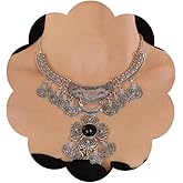 Wiwpar Vintage Chunky Long Tassel Coin Pendent Statement Necklace Boho Collar Choker Antique Silver Engraved Coin Tassel Punk Ethnic Style Costume Necklace for Women Girls Party Halloween