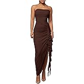 Floerns Women's Ruffle Trim Ruched Slit Strapless Dress Sleeveless Bodycon Maxi Dresses