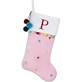 SIRIPHUM 19 Inch Personalized Monogram Initial Christmas Stocking, Embroidered Fleece Stockings with Stars & Pom Poms, Holiday Fireplace Decor for Xmas Party,Festive Gift- Letter P