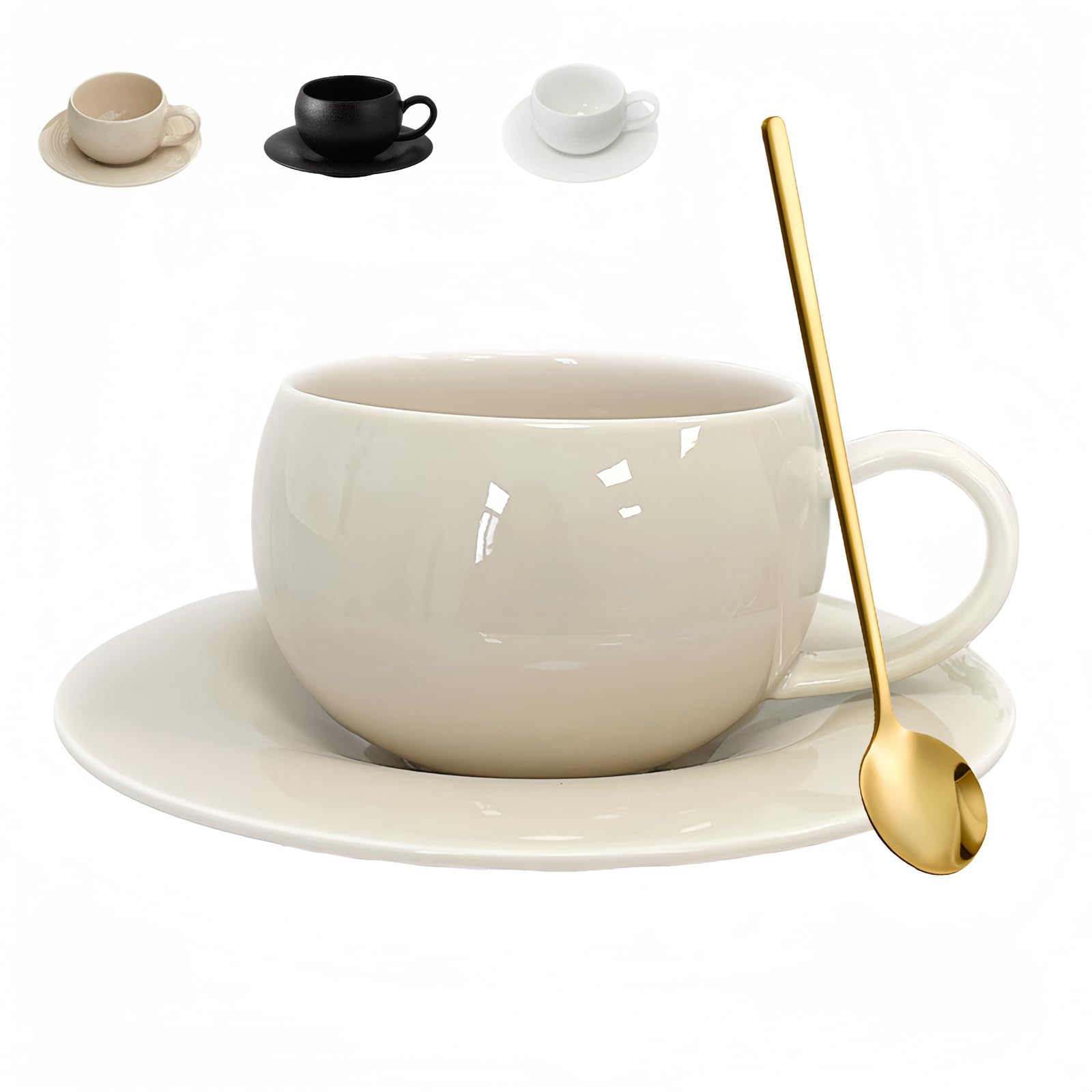 Photo 1 of ARISKEY Coffee Mug Set of 2,9.5oz/280ml Ceramic Tea Cup and Saucer Set with Spoon Perfect for Latte and Milk,Gift for Mother,Friends and Family(Creamy White)