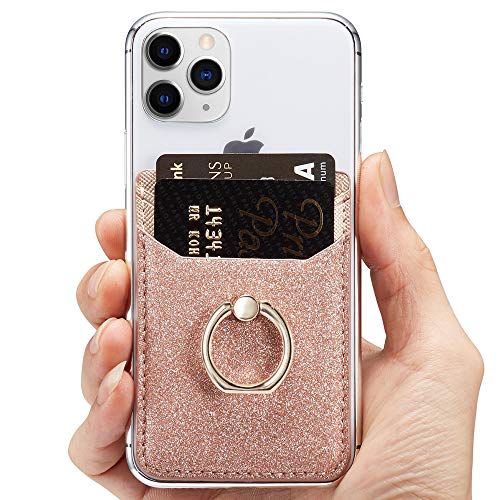 Card Holder for Back of Phone, Acrsikr RFID Blocking Glitter Cell Phone Credit Wallet with Ring Pocket Stick on iPhone - Thumbnail 4