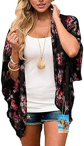 YULOONGWomens Cover Ups Chiffon Floral Print Kimono Loose Shawl Cardigan Boho Summer Casual Blouse Top Sexy Beach Swimwear Capes