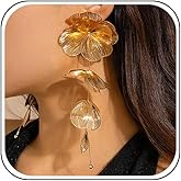 Gold Large Flower Earrings for Women Dangling Chunky Big Long Floral Dangle Statement Earring Trendy Layered Filigree Petal Earring Unique Weird Jewelry