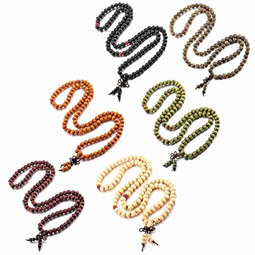 MOWOM 6PCS 8mm Wood Bracelet Link Wrist Necklace Chain Tibetan Buddhist Sandalwood Bead Prayer Buddha Mala Chinese Knot