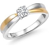 Gem Stone King 925 Sterling Silver and 10K Yellow Gold 4MM Round Gemstone Birthstone Engagement Ring | Wedding Solitaire Anniversary Promise Ring For Women | Available In Size 5, 6, 7, 8, 9