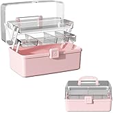 Rainfordhoma 12.9in Three-Layer Multipurpose Storage Box with Handle Portable Tackle Box Folding Art & Craft Case Sewing Supplies Organizer for Makeup, Medicine, Nail, Hair Accessories (Pink)