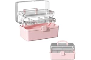 RAINFORDHOMA 12.9in Three-Layer Multipurpose Storage Box with Handle Portable Tackle Box Folding Art & Craft Case Sewing Supplies Organizer for Makeup, Medicine, Nail, Hair Accessories (Pink)