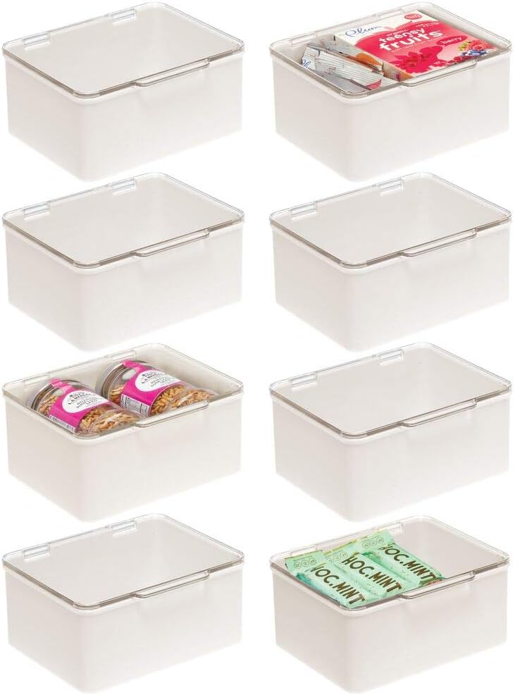 mDesign Plastic Stackable Kitchen Pantry Cabinet/Refrigerator Food Storage Container Box, Attached Lid - Organizer for Coffee, Tea, Packets, Snack Bars - BPA Free, Food Safe - 8 Pack - Cream/Clear