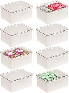 mDesign Plastic Stackable Kitchen Pantry Cabinet/Refrigerator Food Storage Container Box, Attached Lid - Organizer for Coffee, Tea, Packets, Snack Bars - BPA Free, Food Safe - 8 Pack - Cream/Clear