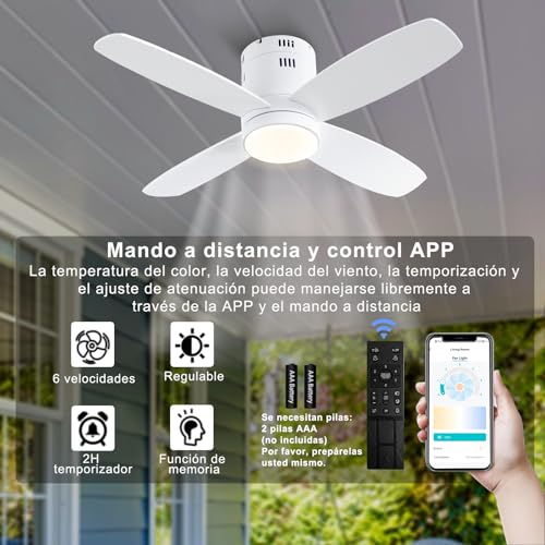 Ohniyou Ventilador de Techo con Luces, 38'' Ventiladores de Techo Pequeños de Montaje Empotrado, Control Remoto y APP, Luz Regulable, 6 Velocidades, Reversible, para Patio Cocina Dormitorio(Blanco)