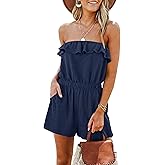 Sumtory Women Off the Shoulder Ruffle Romper Summer Strapless Short Jumpsuit with Pocket