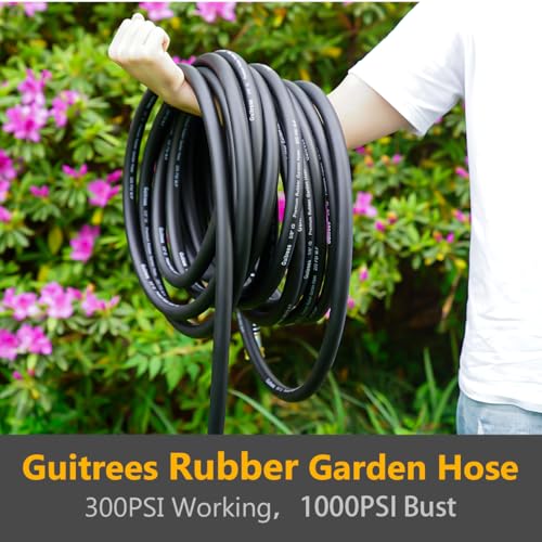 Guitrees 100FT 5/8 Heavy Duty Rubber Garden Hose - 300psi Working, 1000psi Burst - Hot/Cold Water - Five-Layered Braiding for Durability - Versatile for Gardening, Agriculture, Construction(Black)