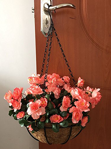 Lopkey Outdoor Artificial Red Azalea Bush Flower Patio Lawn Garden Hanging Basket with Chain Flowerpot,Orange - Thumbnail 3
