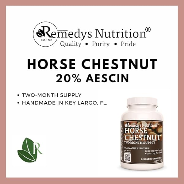 REMEDY’S NUTRITION HORSE CHESTNUT EXTRACT AESCIN 20% | 1,000MG, 60 VEGAN CAPSULES HERBAL DIETARY SUPPLEMENT | TWO MONTH SUPPLY