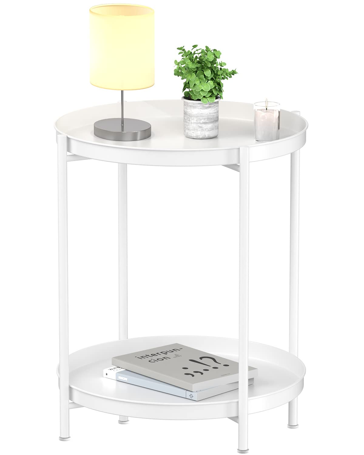 EKNITEY 2 Tier End Table - Metal Side Table Waterproof Small Sofa Side Tables Bedroom Indoor Outdoor with Removable Tray for Living Room Bedroom Balcony and Office (White)
