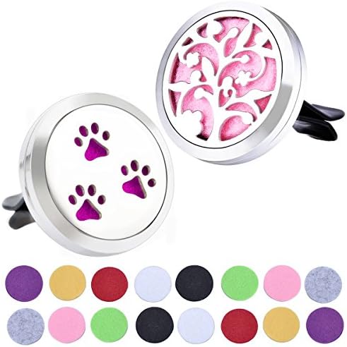 30mm Air Freshener Diffuser Vent Clip Stainless Steel Aromatherapy Essential Oil Car Lockets 16 Free Pads (Dog Palm &amp; Lucky Tree)