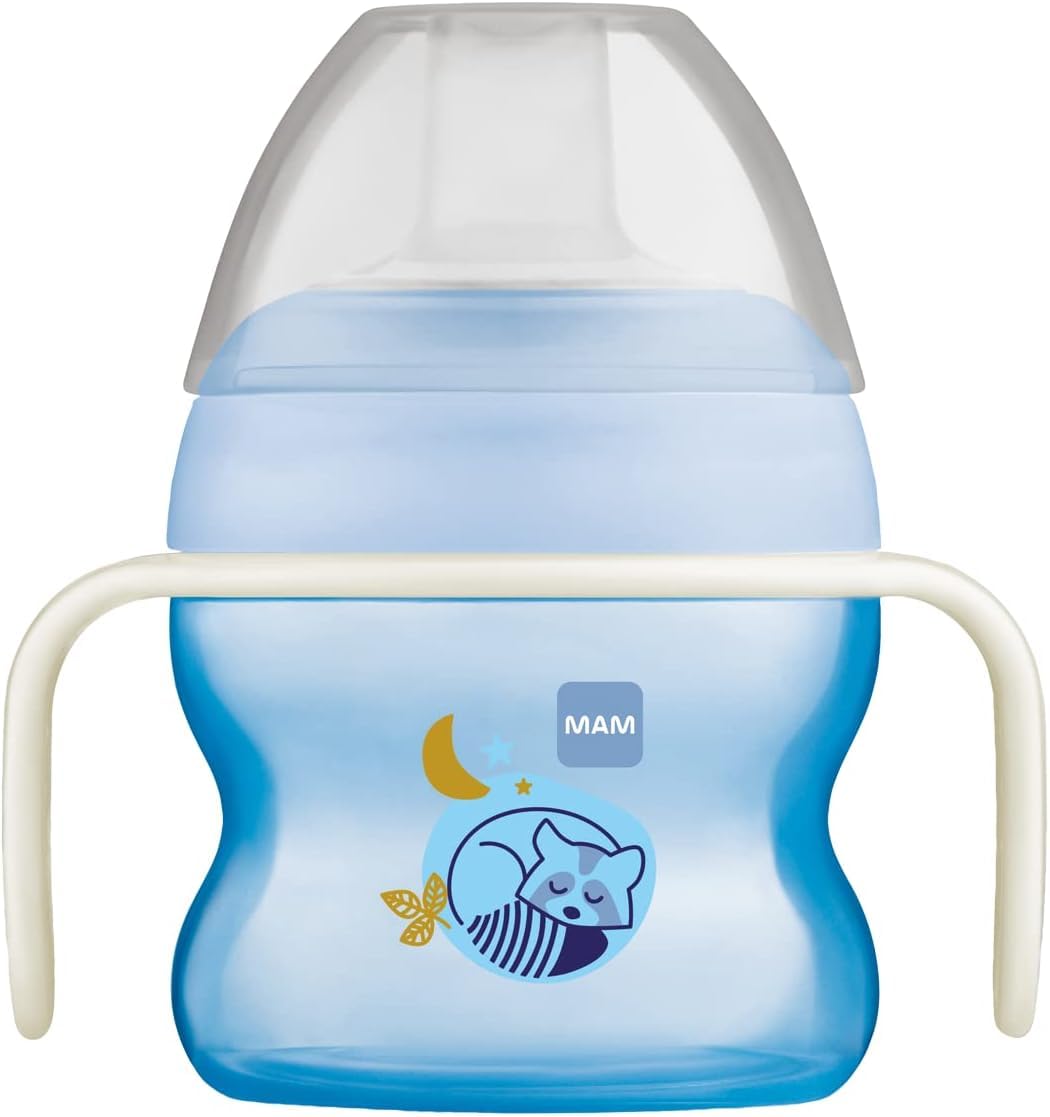 MAM Starter Cup Glow-in-the-Dark Handles | 150ml | Suitable for 4+ Months | Training Sippy Cup to Encourage Independent Drinking | Baby Accessories | Blue (Various Designs)