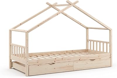 VitaliSpa House Bed 90x200 cm, Natural Wood, Guest Bed & Safety Rail
