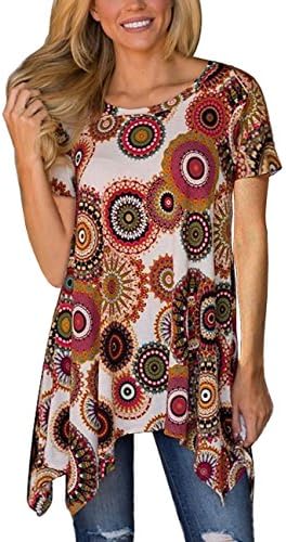 ANDUUNI Womens Short Sleeve Floral Print T-Shirt Crew Neck Swing Casual Tunic Tops Blouse (Large, Brown)