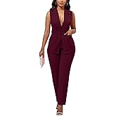 Kafiloe Pant Suits for Women Dressy Belted Sleeveless Vest Blazer Sets 2 Piece Business Casual Outfit
