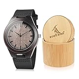 BOBO BIRD Mens Wooden Watch Analog Quartz Bamboo Watch with Black Cowhide Leather Strap Handmade Wrist Watch