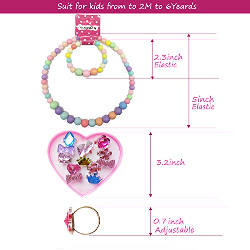 IDOXE 17pcs Value Set Baby Jewelry Set for Girls, Solid Chunky Bubblegum Beaded Necklace Bracelet with Cartoon Animal Flowers Fruit Rings Box Baby Girl Party Play Jewelry - Thumbnail 2