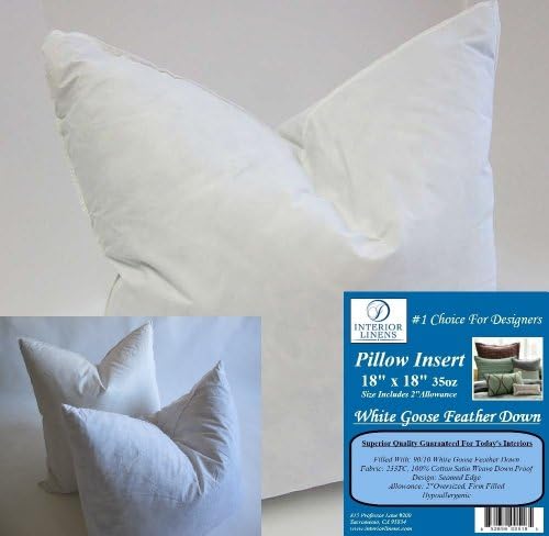 2 Pillow Inserts: 18"x18" 35oz. 10/90 White Goose Feather Down - 2" Oversized & Firm Filled (Actual Size: 20"x20")