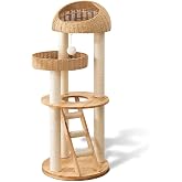 LULUCAT 50" Wood Cat Tree for Large Cats with Woven Basket Beds &amp; Condo | Breathable handwoven paper-rope beds | Easy-climb ladder | Dual-season mats | Plush comfort pads | Indoor