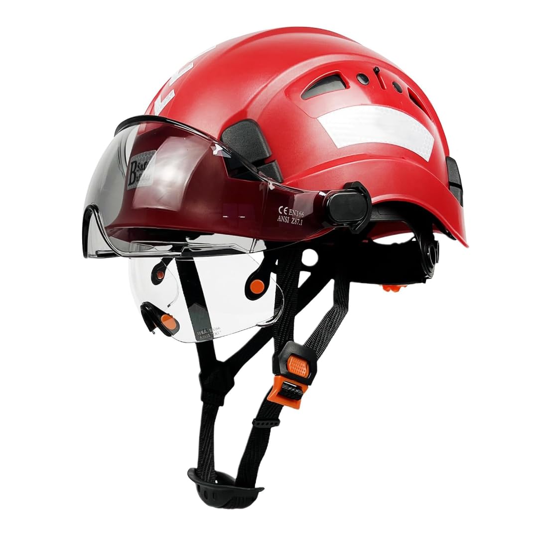 Industrial Safety Helmet with Build-in Visor ABS Hard Hat with Visor Adjustable Ventilation Hardhats Construction Head Protection (Red)