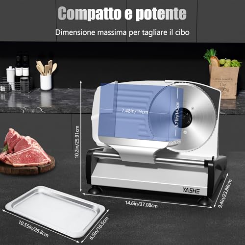 YASHE Electric Slicer for Home with Silent DC Motor, Professional Slicer for Ham, 200 W, 19 cm Double Stainless Steel Blades, Adjustable Thickness 0-15 mm for Meat Cheese Bread