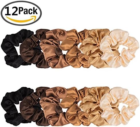 Natural Hair Scrunchies, Professional Elastic Hair Ties For Women Adults, Best Reusable Satin Thick Stylish - Black, Brown, Gold, Ivory 6 Colors - 12 Pieces Bulk One Set (Pack 12 - Multi-colored)