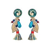 Tassel Earrings Beaded Tiered Thread Earrings Bohemia Dangle Earrings for Women Clip On,Green Resin