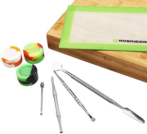 Rosineer 4 Piece Rosin Organizer Including Stainless Steel Carving Scraping Tools for Shatter, Silicone Wax Concentrate Containers, Non, Stick Budder Oil Silicone Mat, Bamboo Station