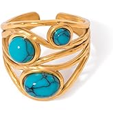 Dikixe Boho Western Turquoise Ring, Oval Turquoise Gemstone December Birthstone Open Adjustable Statement Ring, Gold Plated Stainless Steel Stackable Rings for Women