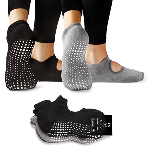 LA Active Grip Socks - 2 Pairs - Yoga Pilates Barre Ballet Non Slip (Powder Grey Noire Black)