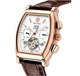Mens Automatic Mechanical Watch Brown Leather Tourbillon Skeleton Square Wrist Watch with Calendar
