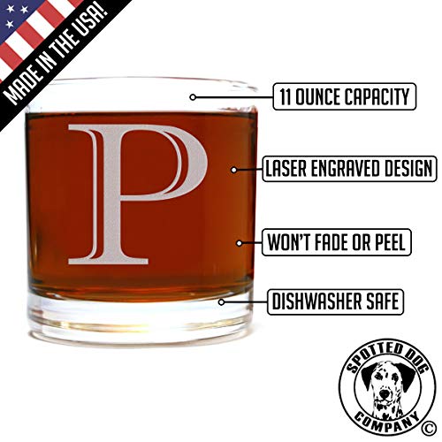 Etched Monogram 10.5oz Rocks Old Fashioned Lowball Glass for Whiskey Scotch Bourbon (Letter P)