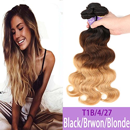 Kapelli Hair(TM) Ombre Hair Brazilian Body Wave Human Virgin Hair Remy Hair Extensions Weave Weft 3 Bundles/lot, 300g Total (100g Each) #T1b/4/27 (20" 22" 24")