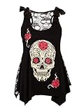 Beautife Women's Skull Print Lace Shirt Patchwork Sleeveless Tank Tops Plus Size